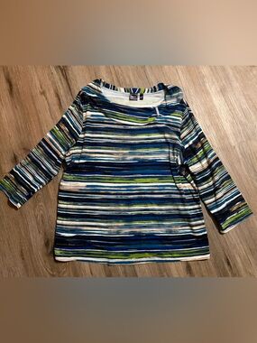 Rafaella - Striped Boatneck Top in Blue, Green, Tan & White - Size 3X